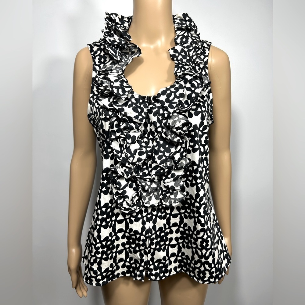 Anne Fontaine Blouse EU40 Black/White Floral Print FrontZipped Ruffled BackLaced